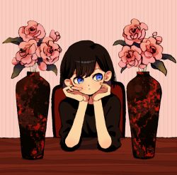 Rule 34 | 1girl, :&lt;, black shirt, blue eyes, brown hair, closed mouth, flower, ka (marukogedago), looking to the side, original, pink background, pink flower, pink rose, plant, potted plant, rose, shirt, short hair, solo