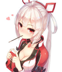 Rule 34 | 1girl, ahoge, blush, breasts, choker, cleavage, food, heart, innocent cluster, long hair, looking at viewer, matoi (pso2), medium breasts, mouth hold, munuu, phantasy star, phantasy star online 2, pocky, red eyes, simple background, solo, white background, white hair