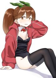 Rule 34 | 1girl, absurdres, alternate costume, animal ears, black leotard, black thighhighs, breasts, brown eyes, brown hair, commentary request, dated, detached collar, fake animal ears, feet out of frame, frown, go yasukuni, hand on own head, highres, hood, hood down, hoodie, jewelry, kantai collection, knees up, leotard, light blush, long hair, long sleeves, looking at viewer, magatama, magatama necklace, necklace, open clothes, open hoodie, open mouth, playboy bunny, rabbit ears, raised eyebrow, red hoodie, ryuujou (kancolle), shadow, sitting, small breasts, solo, strapless, strapless leotard, sweatdrop, thighhighs, twintails, twitter username