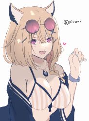 Rule 34 | 1girl, animal ears, arknights, bikini, black jacket, blonde hair, breasts, cleavage, commentary, eyewear on head, fang, grey nails, hair ornament, hairclip, hand up, heart, highres, jacket, jewelry, large breasts, looking at viewer, medium hair, nail polish, necklace, off shoulder, official alternate costume, open clothes, open jacket, open mouth, pirorr, purple eyes, skin fang, solo, striped bikini, striped clothes, sunglasses, swimsuit, swimsuit cover-up, twitter username, upper body, utage (arknights), utage (summer flowers) (arknights), white bikini, wristband, x hair ornament, yellow bikini