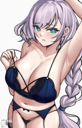 Rule 34 | 1girl, arm behind head, arm up, armpits, blue bra, blue eyes, blue panties, blush, bra, braid, braided bangs, breasts, cleavage, collarbone, dynorz, earrings, garter belt, green eyes, grey hair, highres, hololive, hololive indonesia, jewelry, lace, lace-trimmed bra, lace-trimmed panties, lace trim, large breasts, lingerie, long hair, navel, panties, pavolia reine, pulling own clothes, solo, strap pull, sweat, thighs, underwear, underwear only, virtual youtuber