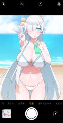 Rule 34 | 1girl, akitokage, anastasia (fate), bare shoulders, beach, bikini, blue eyes, blush, breasts, cellphone photo, cleavage, collarbone, cup, disposable cup, drinking, drinking straw, fate/grand order, fate (series), hair over one eye, hairband, highres, large breasts, long hair, looking at viewer, navel, solo, swimsuit, thighs, v, very long hair, white bikini, white hair