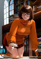 Rule 34 | 1girl, black-framed eyewear, bob cut, book, book stack, bookshelf, breasts, brown eyes, brown hair, detective, freckles, highres, holding, holding magnifying glass, jyundee, large breasts, looking at viewer, magnifying glass, miniskirt, orange socks, orange sweater, pleated skirt, red skirt, scooby-doo, short hair, skirt, socks, sweater, turtleneck, turtleneck sweater, velma dace dinkley