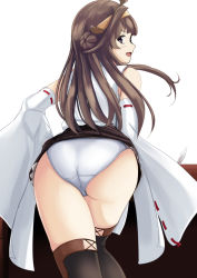 Rule 34 | 1girl, ass, boots, brown eyes, brown hair, desk, detached sleeves, double bun, hairband, headgear, highres, japanese clothes, kantai collection, kongou (kancolle), long hair, looking at viewer, looking back, nontraditional miko, one-piece swimsuit, open mouth, panties, pantyshot, remodel (kantai collection), ribbon-trimmed sleeves, ribbon trim, smile, swimsuit, swimsuit under clothes, takamaru (akisora drawing), thigh boots, thighhighs, underwear