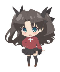 Rule 34 | 1girl, black hair, black skirt, blue eyes, blush, brown footwear, chibi, commentary request, cross, fate/kaleid liner prisma illya, fate (series), full body, latin cross, long hair, long sleeves, no nose, official art, photoshop (medium), red shirt, shirt, shoes, simple background, skirt, solo, thighhighs, thighs, tohsaka rin, white background