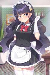 Rule 34 | 1girl, alternate costume, apron, arm behind back, black dress, black hair, blue eyes, blunt bangs, blush, bow, closed mouth, delicious party precure, dress, elbow gloves, enmaided, frilled dress, frills, gloves, hand in own hair, highres, kasai amane, long hair, looking to the side, maid, maid apron, maid headdress, meshiya (naruga-501-kuaru), precure, red bow, solo, sweat, thighhighs, waist apron, waist bow, white apron, white bow, white gloves, white thighhighs, zettai ryouiki