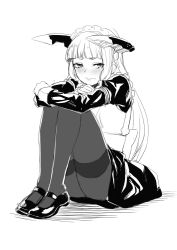Rule 34 | 10s, 1girl, alternate costume, blush, deras, enmaided, greyscale, headgear, kantai collection, knees up, legs together, long hair, maid, maid headdress, mary janes, monochrome, murakumo (kancolle), pantyhose, shoes, sitting, sketch, solo, thighband pantyhose