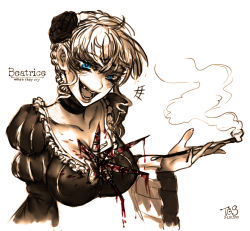 Rule 34 | 1girl, :d, beatrice (umineko), black choker, black dress, blonde hair, blood, blue eyes, breasts, character name, choker, commentary, copyright name, dated, dress, english commentary, fangs, head tilt, highres, kiseru, large breasts, long sleeves, looking at viewer, open mouth, signature, smile, smoke, smoking pipe, solo, the golden smurf, umineko no naku koro ni, upper body, white background, wide sleeves