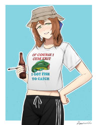 Rule 34 | 1girl, alcohol, beer, beer bottle, blue background, border, bottle, brown hair, bucket hat, cigarette, clothes writing, collarbone, commentary, cowboy shot, darkpulsegg, english commentary, english text, fish, girls&#039; frontline, green eyes, hair ribbon, hair rings, hand on own hip, hat, holding, holding bottle, holding cigarette, light blush, looking at viewer, meme, midriff peek, navel, pants, ribbon, shirt, short sleeves, signature, smile, springfield (girls&#039; frontline), t-shirt, track pants, white border, white shirt