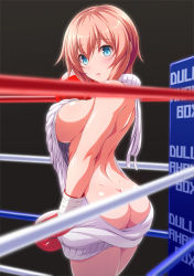 Rule 34 | 1girl, amagiri yuikan, aran sweater, ass, back, backless dress, backless outfit, bare arms, bare back, bare shoulders, blurry, blush, boxing gloves, boxing ring, breasts, butt crack, cable knit, commentary request, cowboy shot, depth of field, dimples of venus, drawstring, dress, from behind, grey sweater, halterneck, highres, large breasts, looking at viewer, looking back, meme attire, naked sweater, original, parted lips, ribbed sweater, short hair, sideboob, sleeveless, sleeveless turtleneck, solo, standing, sweater, sweater dress, turtleneck, turtleneck sweater, virgin killer sweater