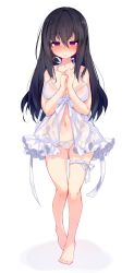 Rule 34 | 1girl, absurdres, babydoll, bare arms, bare legs, bare shoulders, barefoot, black hair, blush, breasts, cleavage, closed mouth, collarbone, commentary request, full body, garter straps, hair between eyes, halterneck, highres, kurimochi chizuru, large breasts, lingerie, long hair, looking at viewer, navel, nose blush, original, own hands together, panties, purple hair, see-through, sidelocks, simple background, solo, stomach, underwear, underwear only, white background, white panties