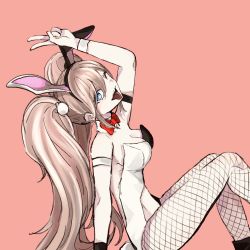Rule 34 | 1girl, :d, animal ears, arm support, arm up, bear hair ornament, black leotard, blue eyes, breasts, cleavage, commentary request, danganronpa: trigger happy havoc, danganronpa (series), enoshima junko, fake animal ears, fake tail, fishnet pantyhose, fishnets, from side, hair between eyes, hair ornament, highres, large breasts, leotard, long hair, looking at viewer, official alternate costume, one eye closed, open mouth, pantyhose, pink background, playboy bunny, simple background, sitting, smile, solo, tail, tongue, tongue out, twintails, white leotard, zui nianshao