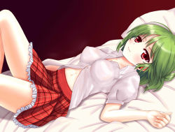 Rule 34 | 1girl, bad id, bad pixiv id, breasts, green hair, highres, impossible clothes, kazami yuuka, large breasts, lying, midriff, navel, on back, pillow, puffy short sleeves, puffy sleeves, red eyes, shirt, short sleeves, skirt, solo, touhou, wendell