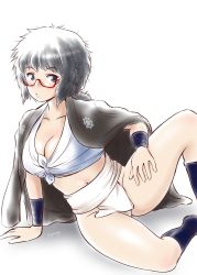 Rule 34 | 1girl, absurdres, arm support, artist name, black hair, blue eyes, blush, breasts, cleavage, closed mouth, collarbone, fundoshi, girls und panzer, glasses, groin, haori, highres, hiyama yuu (wee259hiyama), japanese clothes, large breasts, looking at viewer, lying, medium hair, mizu happi, navel, on side, oryou (girls und panzer), ponytail, simple background, solo, white background