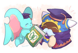 Rule 34 | ^ ^, blush, blush stickers, book, chiimako, cloak, closed eyes, commentary request, elfilin, fake facial hair, fake mustache, hat, hat tassel, holding, holding book, kirby (series), magolor, mortarboard, nintendo, no humans, notched ear, notice lines, pink background, purple cloak, purple headwear, simple background, sparkle, tassel, white background