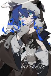 Rule 34 | 1girl, absurdres, arknights, asymmetrical gloves, black gloves, black jacket, blue eyes, blue hair, coffee cup, cup, demon horns, dg (y-cangyue), disposable cup, fur-trimmed hood, fur trim, gloves, grey gloves, hair between eyes, halo, hand up, happy birthday, highres, holding, holding cup, hood, hooded jacket, horns, jacket, looking at viewer, mismatched gloves, mostima (arknights), paint splatter, paint splatter on face, simple background, solo, upper body, white background