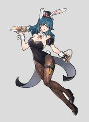 Rule 34 | 1girl, absurdres, animal ears, blue eyes, blue hair, bow, breasts, brown pantyhose, byleth (female) (fire emblem), byleth (fire emblem), cake, cake slice, commentary, commission, covered navel, cup, cupcake, detached collar, detached sleeves, fake animal ears, fake tail, fire emblem, fire emblem: three houses, food, full body, grey background, hat, high heels, highres, leotard, medium breasts, medium hair, mini hat, mixed-language commentary, nintendo, pantyhose, pixiv commission, plate, playboy bunny, rabbit ears, rabbit tail, short sleeves, silvercandy gum, simple background, solo, strapless, strapless leotard, tail, teacup, thigh strap, watermark, wrist cuffs