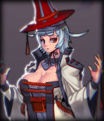 Rule 34 | 1girl, bad id, bad pixiv id, blue eyes, breasts, cleavage, close-up, coat, hat, heterochromia, high collar, highres, jjune, large breasts, making-of available, red eyes, scarf, shiny skin, short hair, silver hair, solo