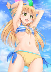 Rule 34 | 1girl, :d, arms up, ball, beachball, bikini, blonde hair, blue sky, blush, breasts, cloud, cloudy sky, commentary request, day, front-tie bikini top, front-tie top, green eyes, holding, holding ball, idolmaster, idolmaster cinderella girls, jougasaki rika, long hair, miri (ago550421), navel, open mouth, outdoors, side-tie bikini bottom, signature, sky, small breasts, smile, solo, stomach, striped bikini, striped bikini top, striped clothes, swimsuit, transparent, two side up, very long hair, yellow bikini