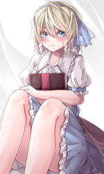 Rule 34 | 1girl, absurdres, alice margatroid, alice margatroid (pc-98), blonde hair, blue eyes, blue hairband, blue skirt, blush, book, buttons, closed mouth, collar, hair between eyes, hairband, highres, light, looking at viewer, mahoro (minase mahoro), puffy short sleeves, puffy sleeves, shadow, shirt, short hair, short sleeves, sitting, skirt, solo, touhou, touhou (pc-98), white shirt, white sleeves