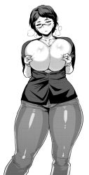 Rule 34 | 1girl, blush, breasts, bursting breasts, cleavage, covered erect nipples, curvy, frown, glasses, greyscale, highres, huge breasts, looking at viewer, monochrome, nipple stimulation, nipple tweak, short hair, simple background, solo, sweat, synecdoche, thick thighs, thighs, white background, wide hips