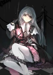 Rule 34 | 1girl, arknights, black gloves, black jacket, capelet, feet out of frame, gloves, grey eyes, grey hair, head wings, highres, holding, holding lantern, irene (arknights), jacket, lantern, light, long hair, long sleeves, looking at viewer, miniskirt, night, on ground, outdoors, pantyhose, parted lips, pink skirt, railing, rain, sheath, sheathed, sinsou 11, sitting, skirt, smile, solo, sword, weapon, white capelet, white pantyhose, wings