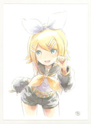 Rule 34 | 1girl, aqua eyes, bare shoulders, blonde hair, bow, detached sleeves, epoxy putty, grey sailor collar, grey shorts, grey sleeves, hair bow, hair ornament, hairclip, kagamine rin, leaning forward, looking at viewer, marker (medium), open mouth, painting (medium), sailor collar, short hair, shorts, smile, solo, traditional media, treble clef, vocaloid, watercolor (medium), white bow