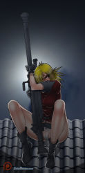 Rule 34 | absurdres, anti-materiel rifle, blonde hair, boots, breasts, cannon, combat boots, eyelashes, gloves, gun, hellsing, hellsing 30mm anti-tank cannon harkonnen, highres, jacket, jago dibuja, large breasts, legs, military, military uniform, outdoors, panties, red eyes, red jacket, rifle, seras victoria, sniper rifle, underwear, uniform, upskirt, weapon, white panties