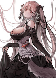 Rule 34 | 1girl, absurdly long hair, azur lane, bad id, bad pixiv id, bare shoulders, black dress, blonde hair, blush, breasts, cleavage, closed mouth, commentary request, corset, cowboy shot, dress, formidable (azur lane), frilled dress, frills, gradient hair, hair ornament, highres, large breasts, long hair, long sleeves, looking at viewer, multicolored hair, red eyes, shoulder tattoo, silver hair, simple background, skirt hold, solo, suru (ksoo420), tattoo, twintails, very long hair, white background