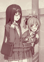 Rule 34 | +++, 2girls, :d, :o, bag, blush, bow, buttons, cellphone, collared shirt, commentary, cowboy shot, dress shirt, glasses, hair bow, holding, holding phone, holding strap, jacket, leaning forward, long hair, long sleeves, looking at another, looking to the side, medium skirt, monochrome, multiple girls, open mouth, original, partially unzipped, phone, pleated skirt, pocket, ponytail, rotix, school bag, school uniform, shirt, short hair, sidelocks, skirt, smartphone, smile, standing, straight hair, wing collar, zipper, zipper pull tab