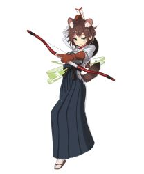 Rule 34 | 1girl, animal ears, arms up, arrow (projectile), artist request, bow, bow (weapon), brown hair, character request, drawing bow, full body, gloves, green eyes, hakama, hakama skirt, holding, holding bow (weapon), holding weapon, japanese clothes, jitome, looking at viewer, muneate, official art, short hair, simple background, skirt, solo, tail, weapon, white background, youkai hyakki-tan!