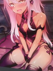 Rule 34 | 1girl, between legs, black dress, black thighhighs, blush, breasts, chain, china dress, chinese clothes, chloe von einzbern, clothing cutout, commentary request, covered erect nipples, cuffs, dark-skinned female, dark skin, demon tail, dress, fangs, fate/grand order, fate/kaleid liner prisma illya, fate (series), hand between legs, highres, indoors, long hair, looking at viewer, m-da s-tarou, navel, navel cutout, pelvic curtain, pink hair, restrained, shackles, short dress, side-tie dress, sidelocks, sitting, slave, small breasts, solo, sweat, tail, thighhighs, torn clothes, torn thighhighs, wariza, yellow eyes