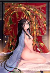Rule 34 | 1girl, absurdly long hair, absurdres, barefoot, black eyes, black hair, flower, from side, hair censor, hair over breasts, highres, japanese clothes, kimono, long hair, looking at viewer, naked kimono, navel, nude, original, scan, scroll, sidelocks, sitting, smile, solo, tatami, tony taka, very long hair, wariza