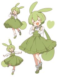 Rule 34 | 1girl, :d, absurdres, blush, clenched hands, closed eyes, collared shirt, dress, facing viewer, foot up, frilled dress, frills, green dress, green footwear, green hair, hands up, head tilt, heart, highres, long hair, long sleeves, low-tied long hair, multiple views, open mouth, outstretched arms, pinafore dress, shirt, shoes, sidelocks, simple background, sleeveless, sleeveless dress, smile, socks, voicevox, white background, white shirt, white socks, zundamon, zunmut