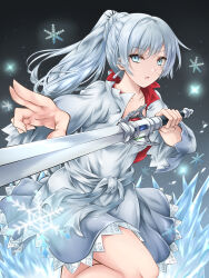 Rule 34 | 1girl, aiming, blue eyes, cropped jacket, dress, earrings, hair ornament, highres, holding, holding sword, holding weapon, jewelry, kei (asufend), light particles, long hair, myrtenaster, outstretched arm, parted lips, ponytail, rwby, sash, scar, scar across eye, scar on face, short dress, snowflakes, solo, sword, weapon, weiss schnee, white dress, white hair