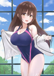 Rule 34 | 1girl, :d, absurdres, armpit crease, bare shoulders, blue one-piece swimsuit, blue sky, blush, breasts, brown eyes, brown hair, cleavage, cloud, collarbone, commentary, competition swimsuit, covered navel, cowboy shot, day, glass wall, hair between eyes, highres, indoors, io (princess connect!), io (real) (princess connect!), jacket, large breasts, long hair, looking at viewer, off shoulder, one-piece swimsuit, open mouth, princess connect!, sidelocks, sky, smile, solo, standing, swimsuit, taut clothes, taut swimsuit, tree, wet, wet clothes, wet swimsuit, white jacket, yanazawa ko