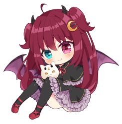 Rule 34 | 1girl, ahoge, animal, black capelet, black dress, black thighhighs, blue eyes, capelet, cat, closed mouth, commentary request, crescent, crescent hair ornament, demon girl, demon horns, demon wings, dress, frilled capelet, frills, hair between eyes, hair ornament, heterochromia, horns, knees up, maki soutoki, nijisanji, purple eyes, purple hair, purple wings, red footwear, shoes, simple background, sitting, smile, solo, thighhighs, two side up, virtual youtuber, white background, white cat, wings, yuzuki roa