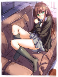 Rule 34 | 10s, 1girl, aldehyde, bad id, bad pixiv id, blush, brown hair, brown upholstery, couch, green hair, idolmaster, idolmaster cinderella girls, jacket, long hair, open clothes, open jacket, revision, school uniform, shibuya rin, shirt, sitting, sketch, skirt, solo