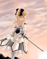 Rule 34 | 1girl, absurdres, ahoge, armor, armored dress, artoria pendragon (fate), bad id, bad pixiv id, bare back, black ribbon, blonde hair, blue eyes, fate/grand order, fate/stay night, fate/unlimited codes, fate (series), hair ribbon, highres, holding, holding sword, holding weapon, long hair, outdoors, ponytail, ribbon, saber (fate), saber lily, solo, sword, weapon, yukiha kanade