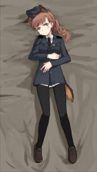 Rule 34 | 1girl, alexandra serbanescu, animal ears, black pantyhose, braid, brown eyes, brown hair, chikiso, hat, long hair, lying, military, military uniform, necktie, pantyhose, scar, shoes, single braid, solo, strike witches, tail, uniform, world witches series