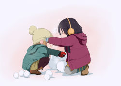 Rule 34 | 2girls, aged down, akiyama mio, beanie, boots, child, coat, earmuffs, from side, full body, gloves, hairband, hat, hood, hooded jacket, hooded sweater, jacket, k-on!, kneeling, komugiko, long hair, long sleeves, multiple girls, outstretched arms, short hair, snow, snowball, snowman, squatting, sweater, tainaka ritsu, winter clothes, winter coat