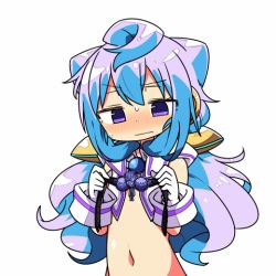 Rule 34 | 10s, 1boy, blue hair, blush, commentary request, gloves, hacka doll, hacka doll 3, kanikama, long hair, lowres, male focus, navel, purple eyes, simple background, solo, sweatdrop, trap, upper body, white background, white gloves