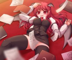 Rule 34 | 1girl, bat wings, black thighhighs, blurry, blush, book, breasts, censored, convenient censoring, depth of field, embodiment of scarlet devil, fallen down, female focus, head wings, highres, koakuma, long hair, lzh, panties, pointy ears, red eyes, red hair, solo, thighhighs, touhou, underwear, upskirt, wings