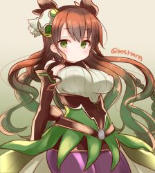 Rule 34 | 1girl, bad id, bad pixiv id, bare shoulders, belt, braid, breasts, brown hair, choker, covered erect nipples, elbow gloves, gloves, green eyes, green valkyrie (p&amp;d), mashiro miru, pantyhose, puzzle &amp; dragons, solo, twitter username, underbust, valkyrie (p&amp;d), wavy hair, wood valkyrie (p&amp;d)