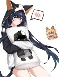 Rule 34 | 2girls, ?, absurdres, animal ears, animal hood, arknights, bad id, bad pixiv id, black hair, blaze (arknights), blue eyes, blush, blush stickers, cat ears, cat tail, ceobe (arknights), chibi, chibi inset, commentary request, cowboy shot, doctor (arknights), highres, hood, hoodie, kakago, long hair, long sleeves, looking at viewer, multiple girls, no pants, hugging object, official alternate costume, pillow, pillow hug, simple background, spoken blush, tail, thighs, very long hair, white background