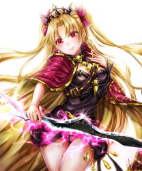 Rule 34 | 1girl, bad id, bad pixiv id, black leotard, blonde hair, breasts, cape, cowboy shot, ereshkigal (fate), fate/grand order, fate (series), floating hair, head tilt, highres, holding, holding sword, holding weapon, leotard, long hair, looking at viewer, medium breasts, nail polish, nyamaso, red cape, red eyes, simple background, smile, solo, sparkle, standing, sword, very long hair, weapon, white background