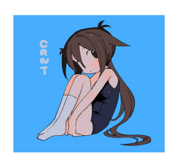 Rule 34 | 1girl, acronym, bare legs, bare shoulders, black eyes, black one-piece swimsuit, blue background, blush, border, brown hair, closed mouth, copyright name, dot mouth, dot nose, from side, full body, hair flaps, hands under legs, highres, knees up, kokaki mumose, kuroshio current, long hair, looking at viewer, looking to the side, low ponytail, nagi akasa, no sclera, one-piece swimsuit, school swimsuit, sitting, socks, solo, swimsuit, very long hair, white border, white socks