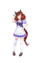 Rule 34 | 1girl, animal ears, blouse, brown hair, ear covers, full body, highres, horse ears, horse girl, horse tail, multicolored hair, nice nature (umamusume), one eye closed, purple shirt, red hair, school uniform, serafuku, shirt, solo, standing, tail, thighhighs, transparent background, two-tone hair, two side up, umamusume, white thighhighs
