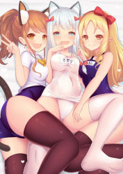 Rule 34 | 3girls, :d, animal ear fluff, animal ears, ass, blonde hair, blue eyes, blue one-piece swimsuit, blush, bow, breasts, brown eyes, brown legwear, cat ears, cat tail, closed mouth, commentary request, covered navel, eromanga sensei, fang, girl sandwich, hair bow, highres, izumi sagiri, jinno megumi, kemonomimi mode, long hair, lying, medium breasts, multiple girls, name tag, no shoes, old school swimsuit, on back, on side, one-piece swimsuit, open mouth, orange hair, pink bow, pointy ears, ponytail, red bow, revision, sandwiched, school swimsuit, silver hair, smile, swimsuit, swimsuit under clothes, tail, thighhighs, v, white legwear, white school swimsuit, white one-piece swimsuit, yamada elf, yoshiheihe