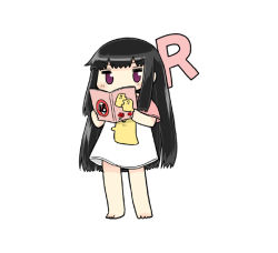 Rule 34 | 1girl, ar tonelico, ar tonelico ii, barefoot, black hair, blush, chibi, content rating, eyebrows, flower, full body, jakuri (ar tonelico), long hair, looking at viewer, oversized clothes, oversized shirt, purple eyes, red flower, red rose, rose, serizawa enono, shirt, simple background, solo, standing, white background, white shirt